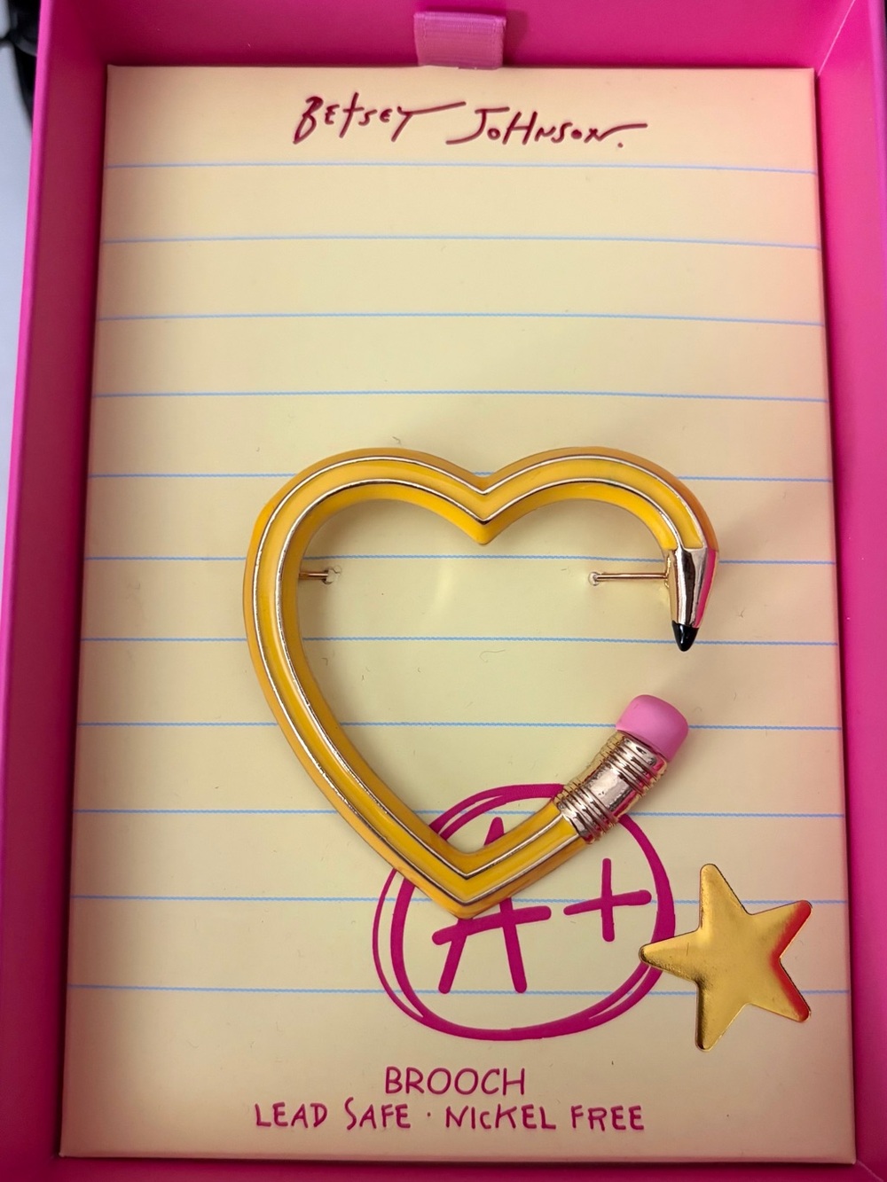 Betsey Johnson Yellow Pencil Heart Brooch